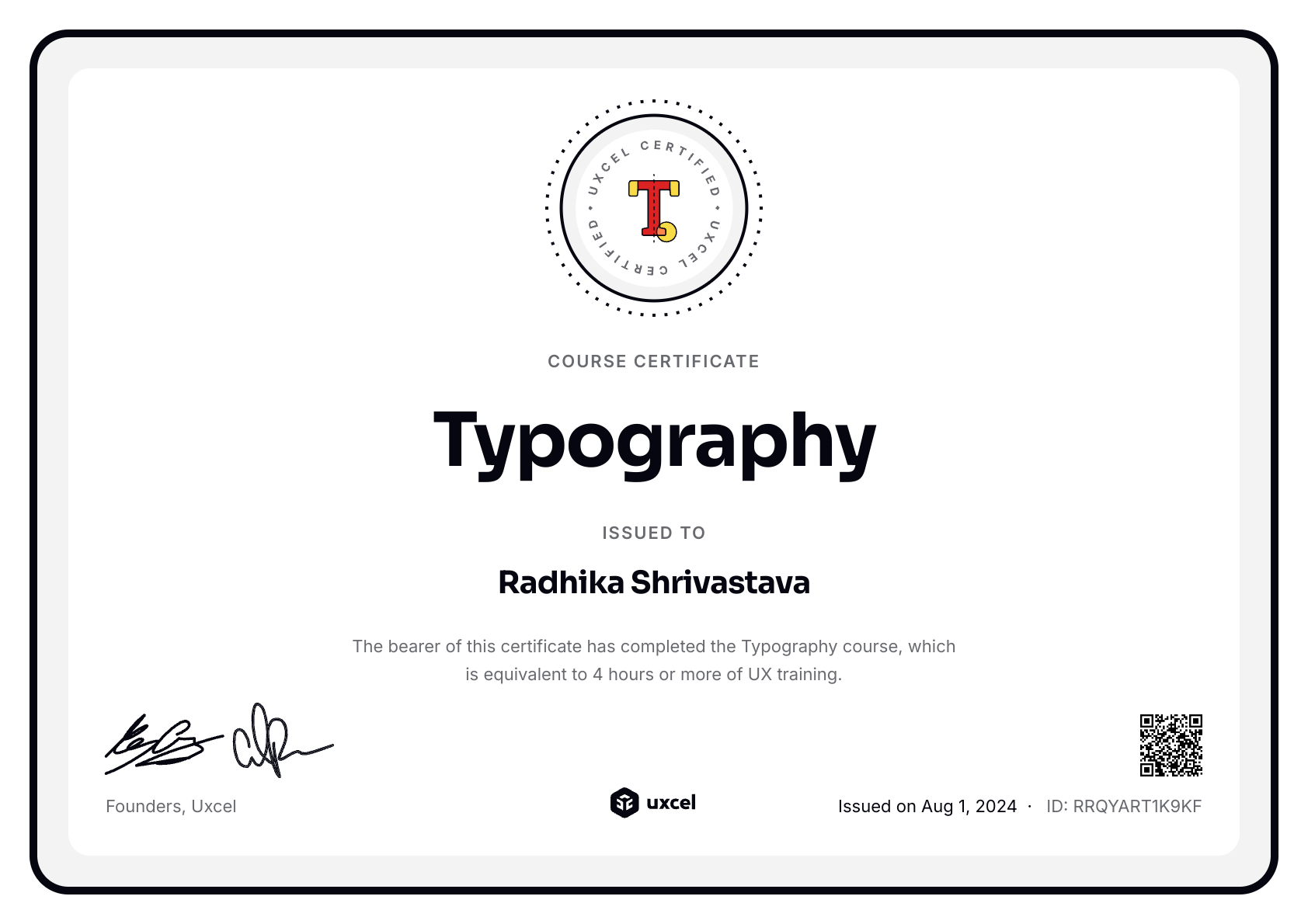 Radhika Shrivastava's certificate